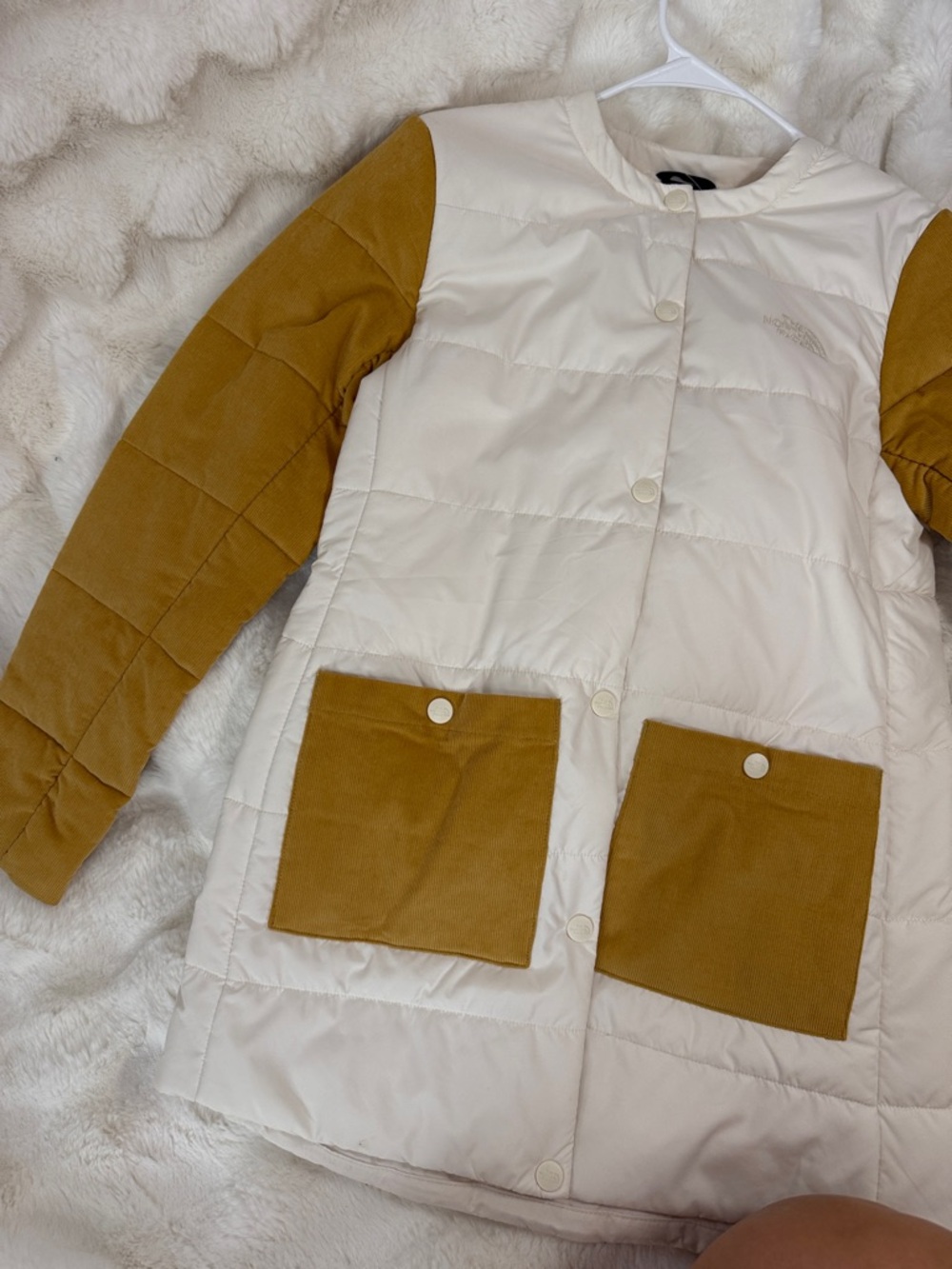 The North Face Cream and Mustard Two-Tone Puffer Coat